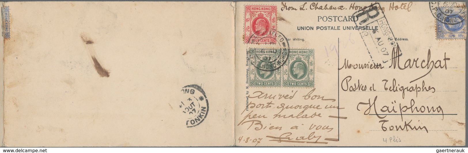 Hongkong: 1907, KEVII 2 C. (pair), 4 C. Scarlet And 10 C. Tied "REGISTERED G.P.O. HONG KONG 6 AU 07" - Other & Unclassified