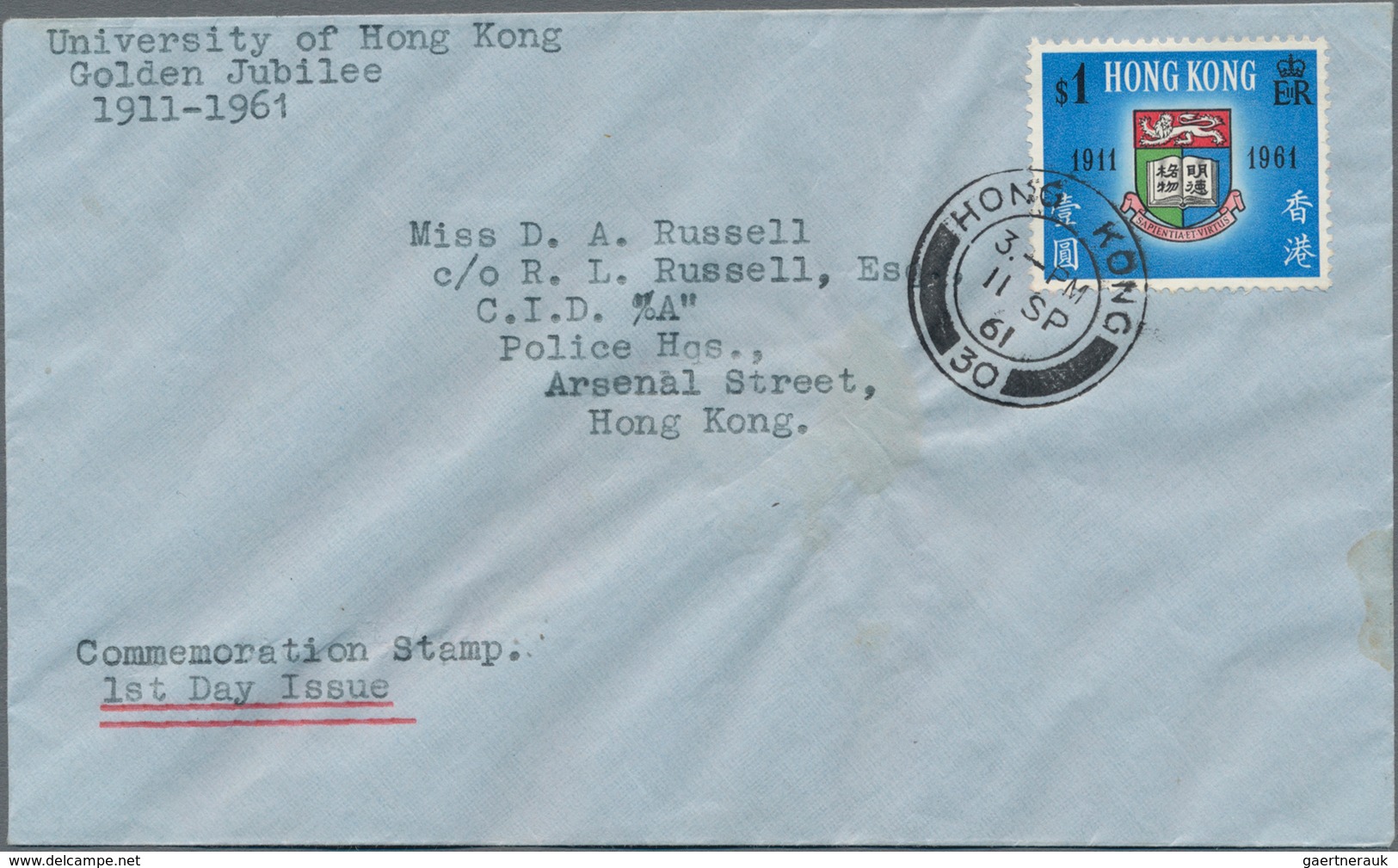 Hongkong: 1961, Golden Jubilee $1 Multicoloured, Variety Gold Omitted, Used On FDC, Tied By Hong Kon - Sonstige & Ohne Zuordnung