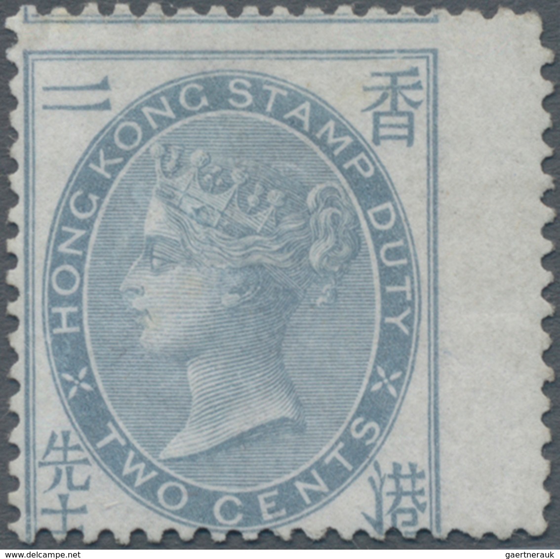 Hongkong - Stempelmarken: 1873, QV Revenue Wmk. CC 2c Grey-blue, With Wing Margin On The Right, MNG, - Postal Fiscal Stamps