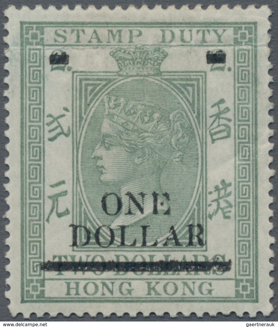 Hongkong - Stempelmarken: 1897, QV Revenue Stamp Wmk. Crown CC $2 Olive Green Surcharged $1, With Bo - Postal Fiscal Stamps