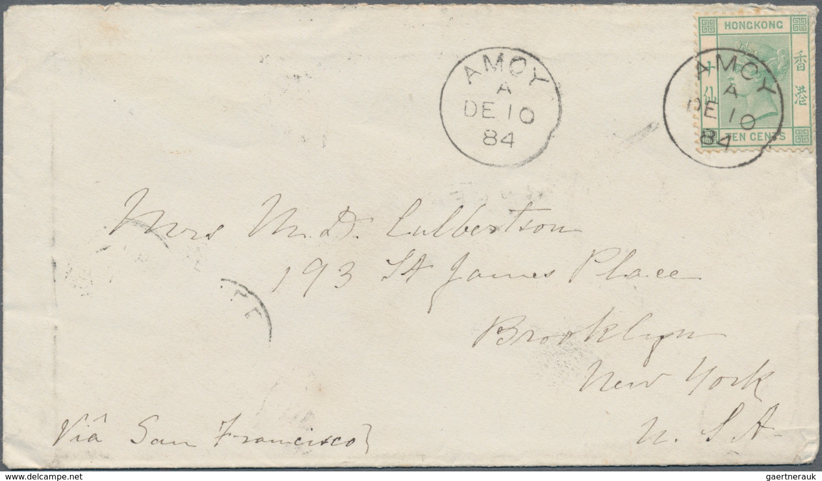 Hongkong - Treaty Ports: Amoy, 1884, Envelope Addressed To New York Bearing Hong Kong SG 37, 10 C. G - Sonstige & Ohne Zuordnung