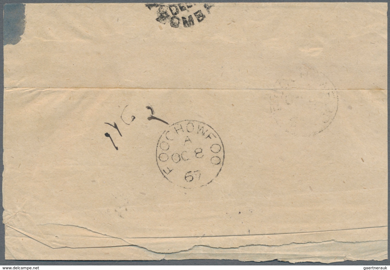 Hongkong - Treaty Ports: FOOCHOW: 1865, 2 C. Light Brown Wmk. Crown CC Tied "B62" To Wrapper To Bomb - Sonstige & Ohne Zuordnung