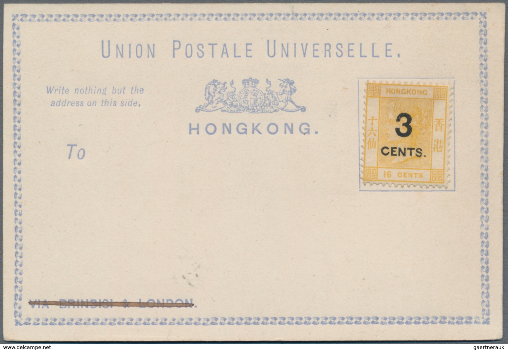 Hongkong - Ganzsachen: 1879, QV 3 C. On 16 C. Yellow On 1879 Formular Stationery Card In Blue, Varie - Postal Stationery