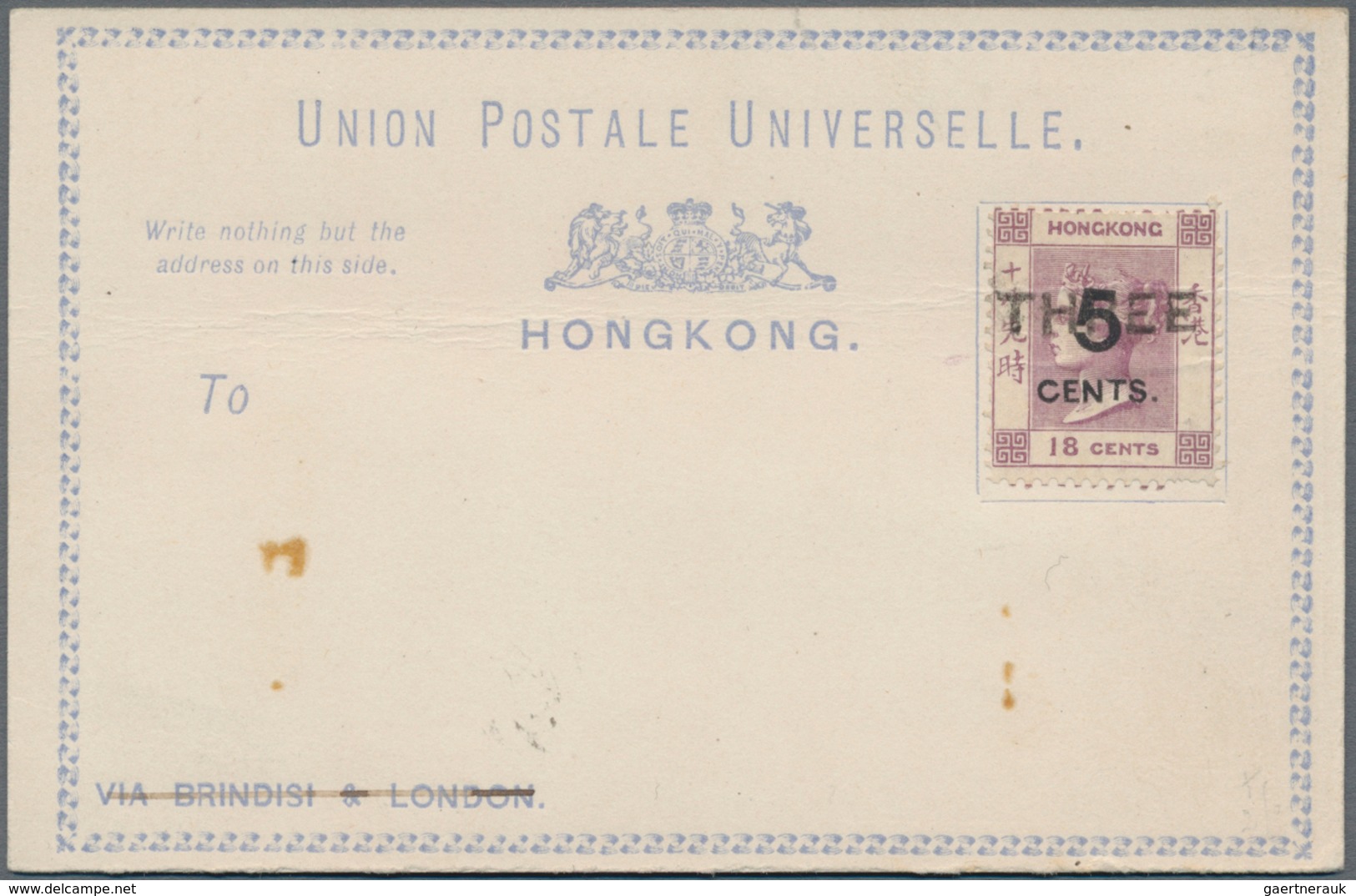 Hongkong - Ganzsachen: 1879, QV "THREE" 3 C. On 5 C./18 C. Violet On 1879 Formular Stationery Card I - Postal Stationery