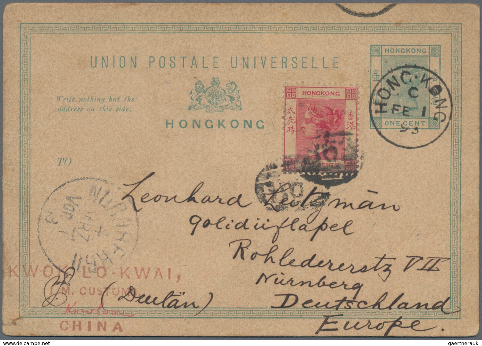 Hongkong - Ganzsachen: 1893/98, Cards QV 1 C.: Canc. "HONG KONG C FE 1 93" Uprated QV 2 C. Canc. "B6 - Ganzsachen