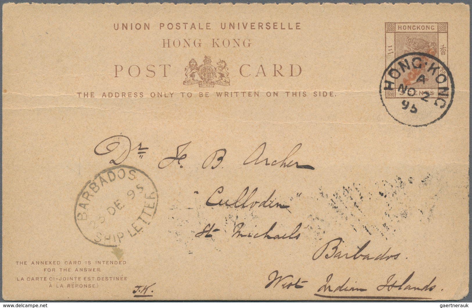 Hongkong - Ganzsachen: 1895, 4 C./3 C. Sender Part Canc. "HONG KONG A NO 20 95" To St. Richards, Bar - Postal Stationery