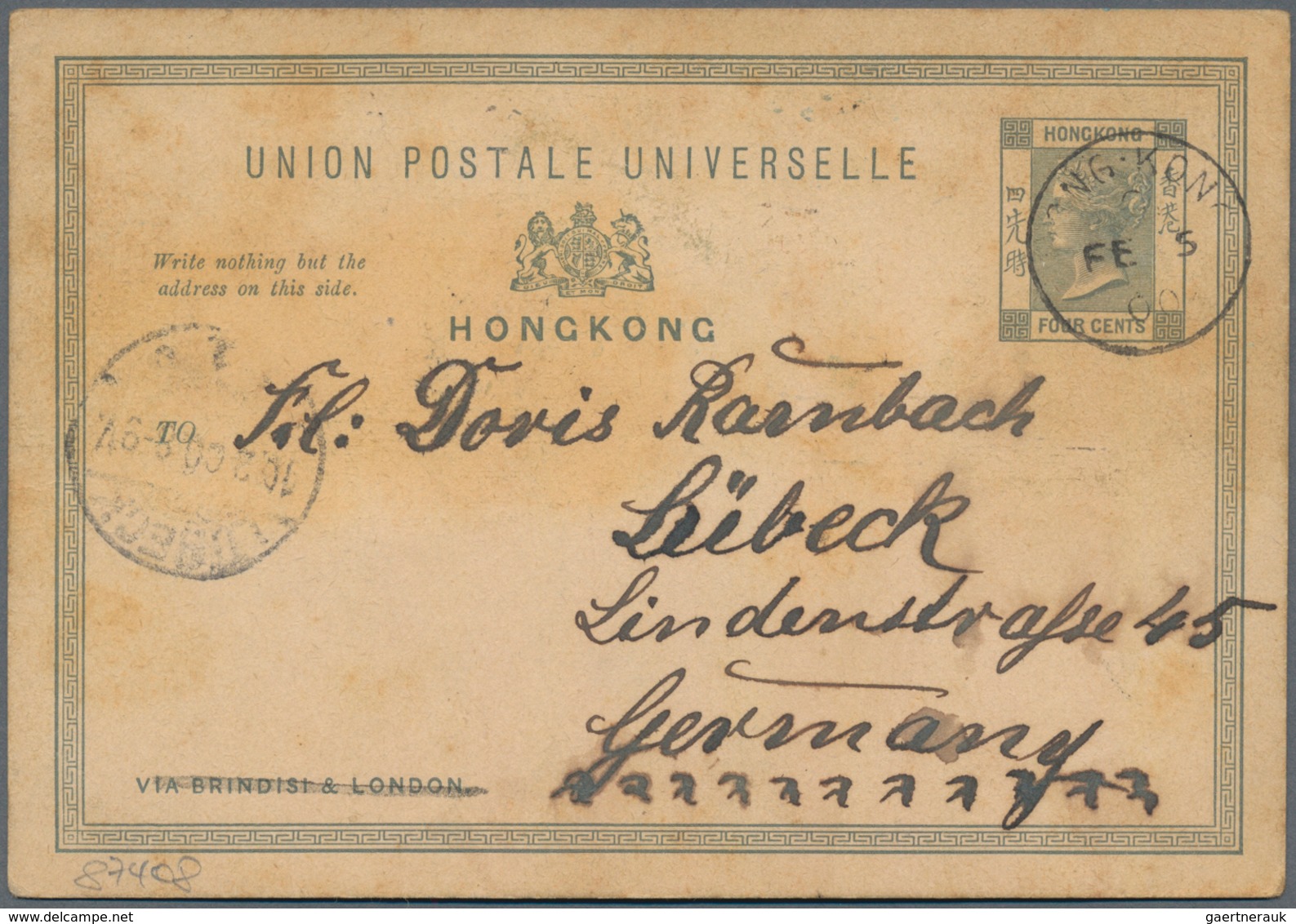Hongkong - Ganzsachen: 1900, 2 Postcards From Hongkong To Germany, Cancelled Endorsing "via Brindisi - Ganzsachen