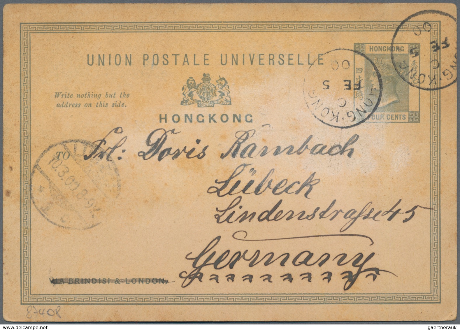 Hongkong - Ganzsachen: 1900, 2 Postcards From Hongkong To Germany, Cancelled Endorsing "via Brindisi - Ganzsachen