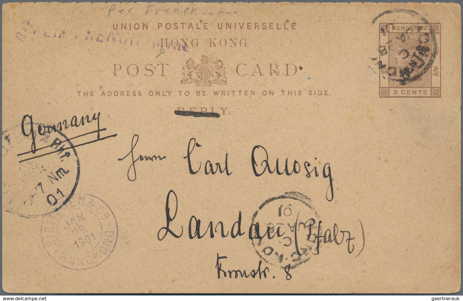 Hongkong - Ganzsachen: 1901, Card 4 C./3 C. W. "REPLY" Deleted, Canc. "HONG KONG C JA 28 01" To Land - Postal Stationery