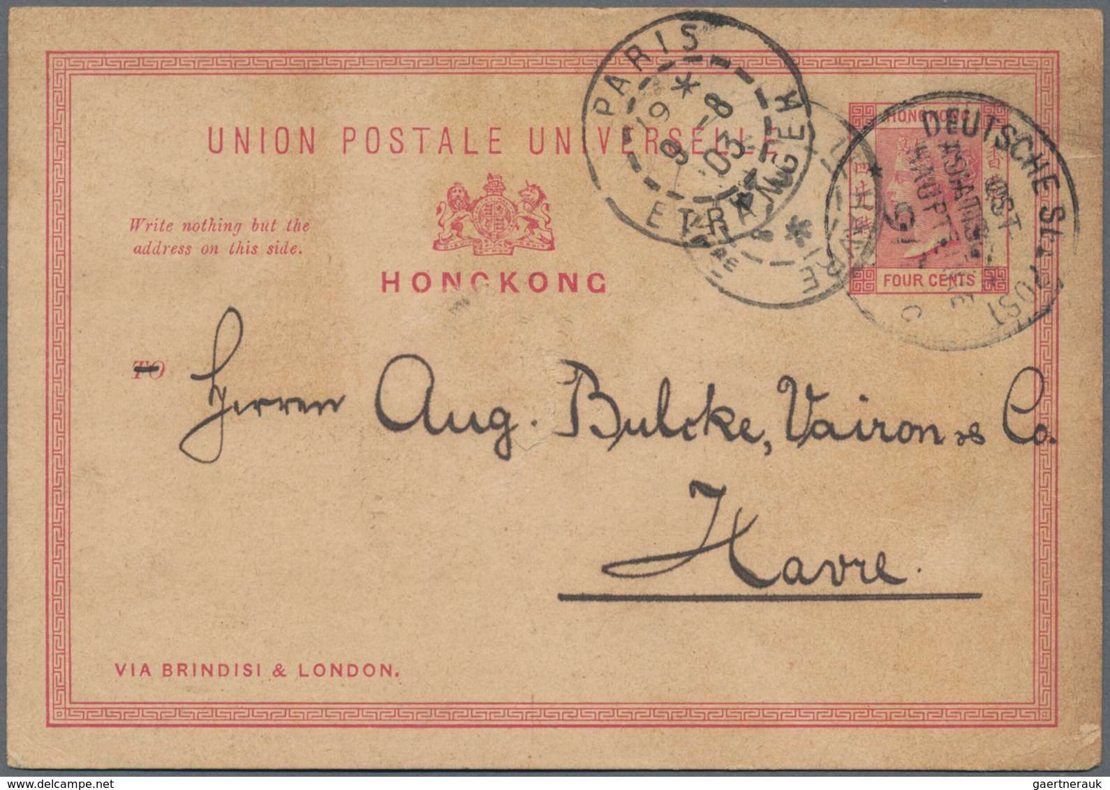 Hongkong - Ganzsachen: 1903, Stationery Card QV 4 C. Canc. By "DEUTSCHE SEEPOST OST-ASIATISCHE HAUPT - Ganzsachen