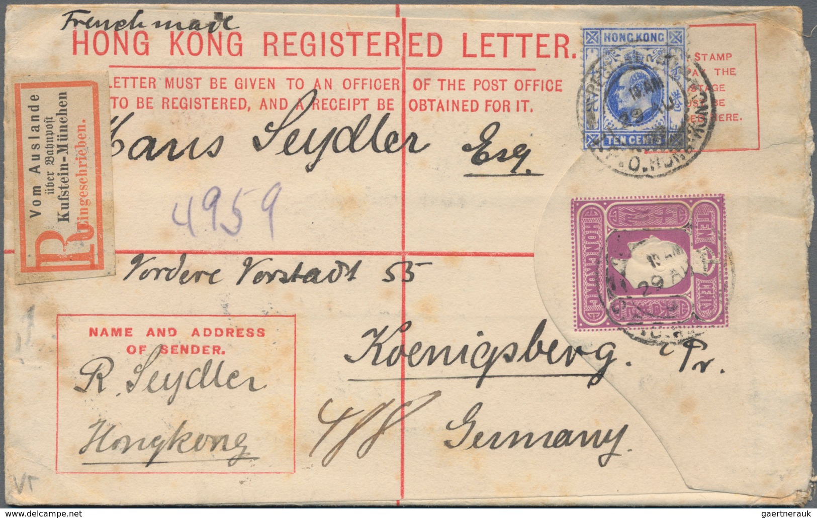 Hongkong - Ganzsachen: 1907, Registration Envelope KEVII 10 C. Uprated KEVII 10 C. Blue Tied "REGIST - Postal Stationery