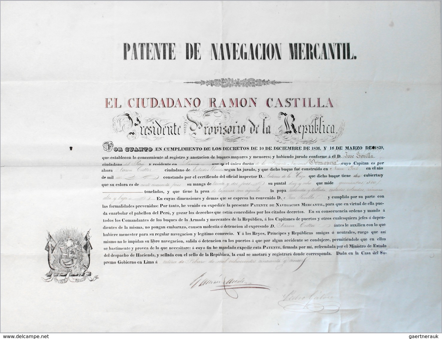 Hongkong - Besonderheiten: 1855, Ship Captains Master Patent (460x610 Mm) Originally Issued In Calla - Sonstige & Ohne Zuordnung