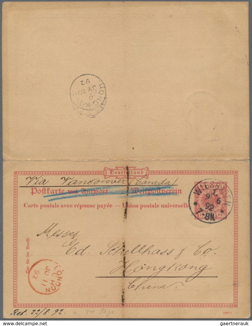 Hongkong - Besonderheiten: 1892, 20.7.: 10 Pf German Double Postal Stationery Card, Question Part Fr - Sonstige & Ohne Zuordnung
