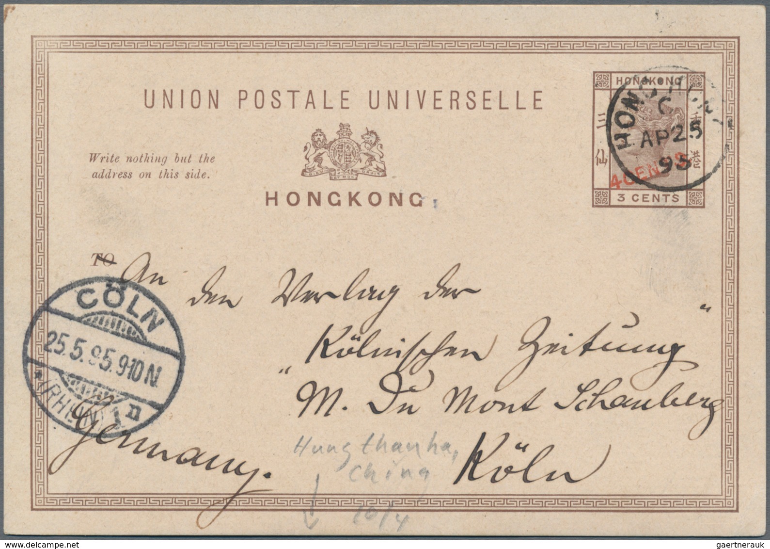 Hongkong - Besonderheiten: 1895, Card QV 4 C./3 C. Originating At "China Thungtanha 10/4 95" Canc. " - Sonstige & Ohne Zuordnung