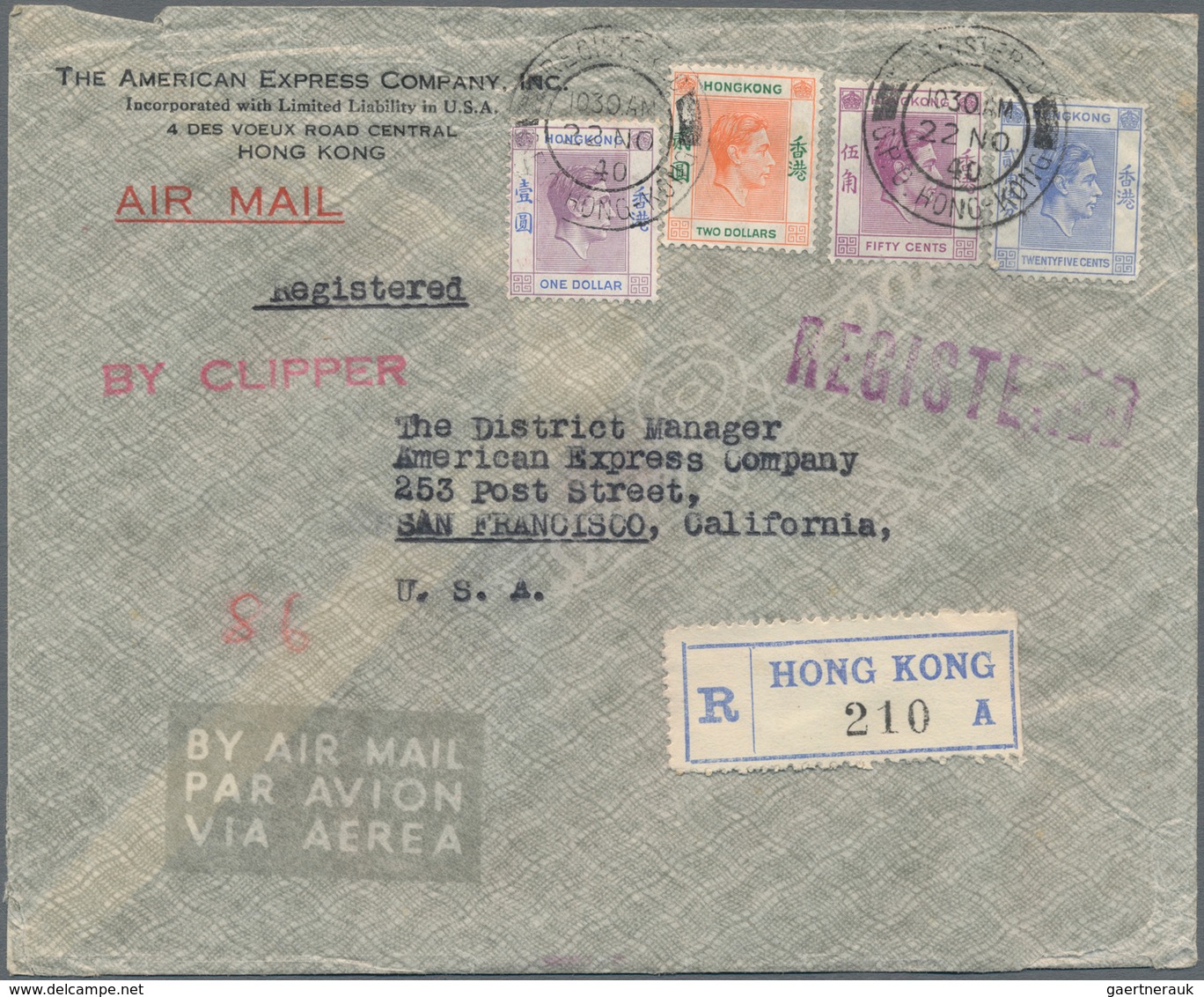 Hongkong - Besonderheiten: 1938/40, Registered Air Mail Clipper Covers (6) From American Express Co. - Other & Unclassified