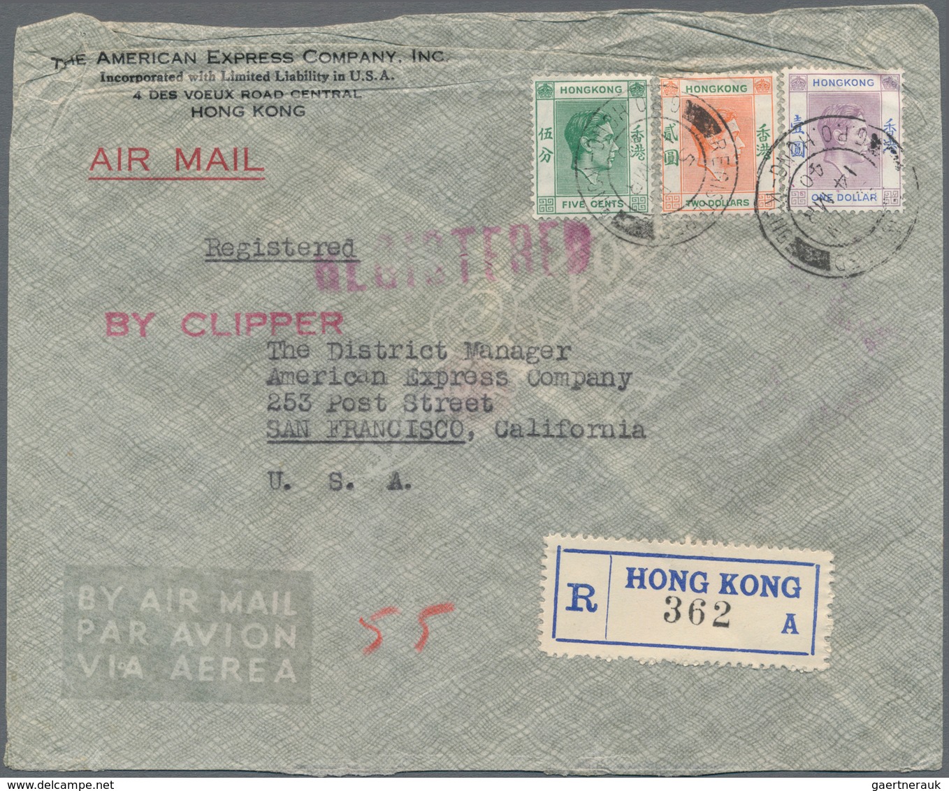 Hongkong - Besonderheiten: 1938/40, registered air mail clipper covers (6) from American Express Co.