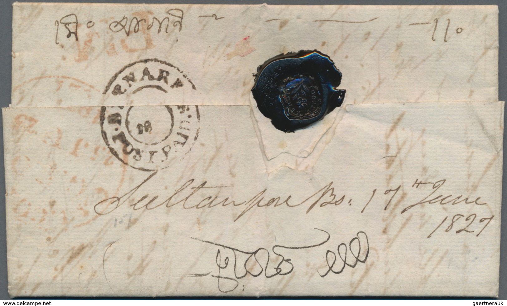 Indien - Vorphilatelie: 1827: "BENARES/POST PAID/ /18 " Double-ring Datestamp (Giles 3) On Back Of E - ...-1852 Prephilately