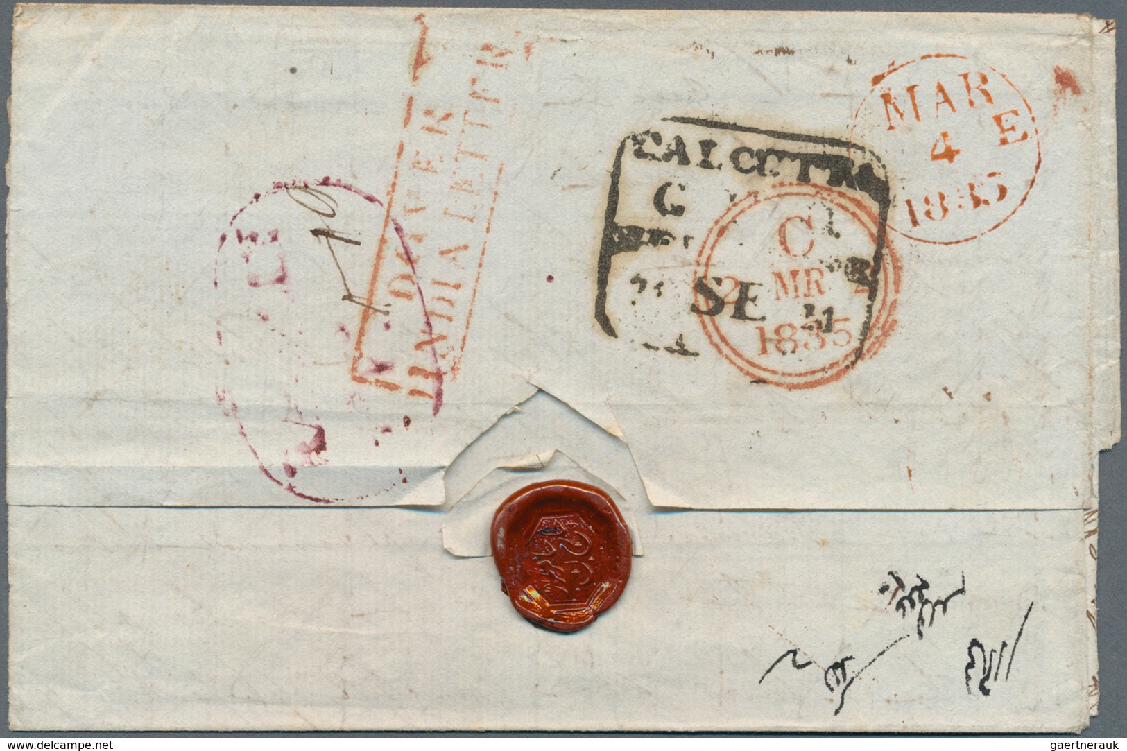 Indien - Vorphilatelie: 1835: "BARELLY/Pt.Pd." Oval Handstamp In Purple On Back Of Letter To Inverne - ...-1852 Prephilately