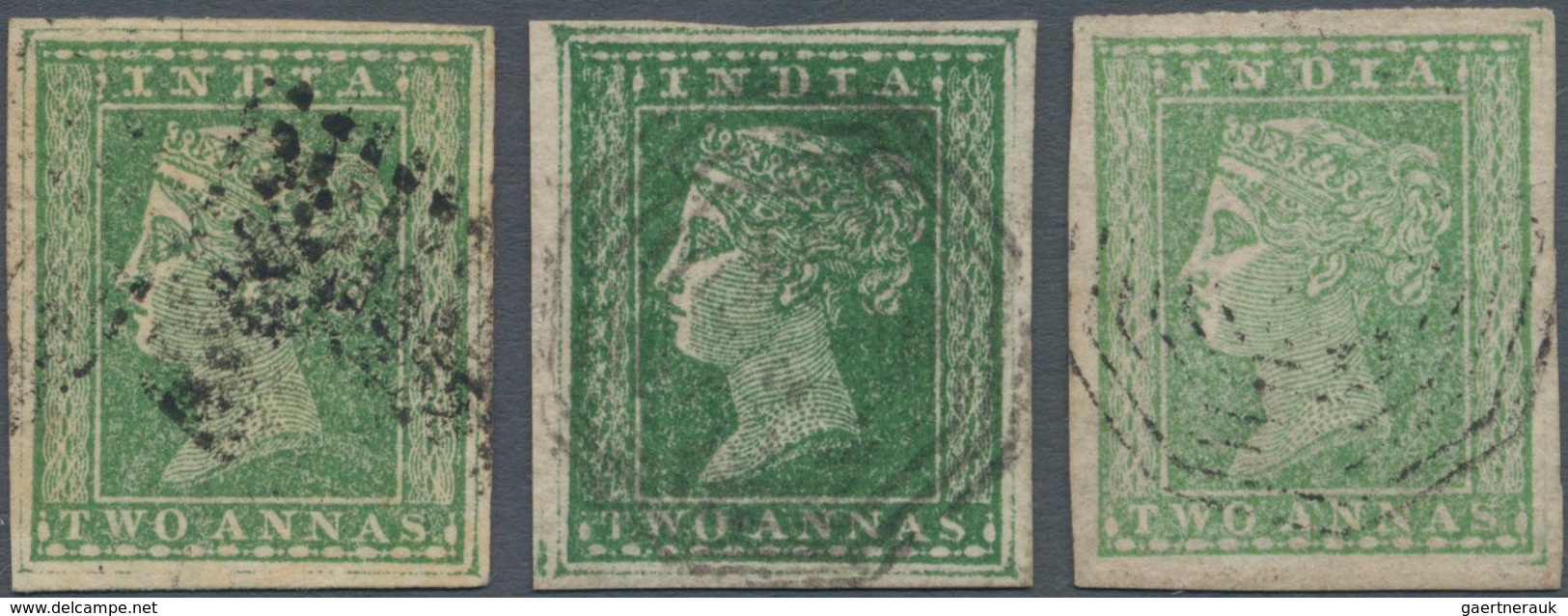 Indien: 1854 Three Single Stamps 2a. Green, Different Colour Shades, Two With ALMOST COMPLETE OUTER - 1852 Sind Province