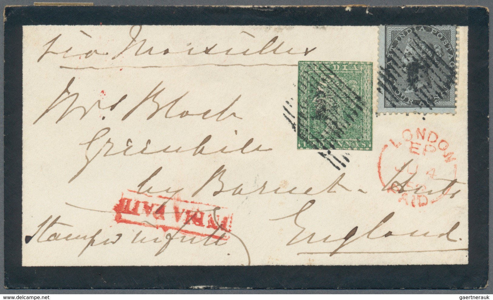 Indien: 1858 (6 May): Mourning Cover From Bombay To England Via Marseilles Franked By 1854 2a. Green - 1852 Provinz Von Sind