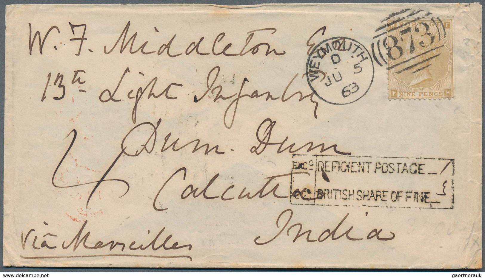 Indien: 1863 "CALCUTTA/STEAMLETTER/1863 JUL 10/Steam Bg./Indian Do." Framed Ship Letter Receipt Date - 1852 Sind Province