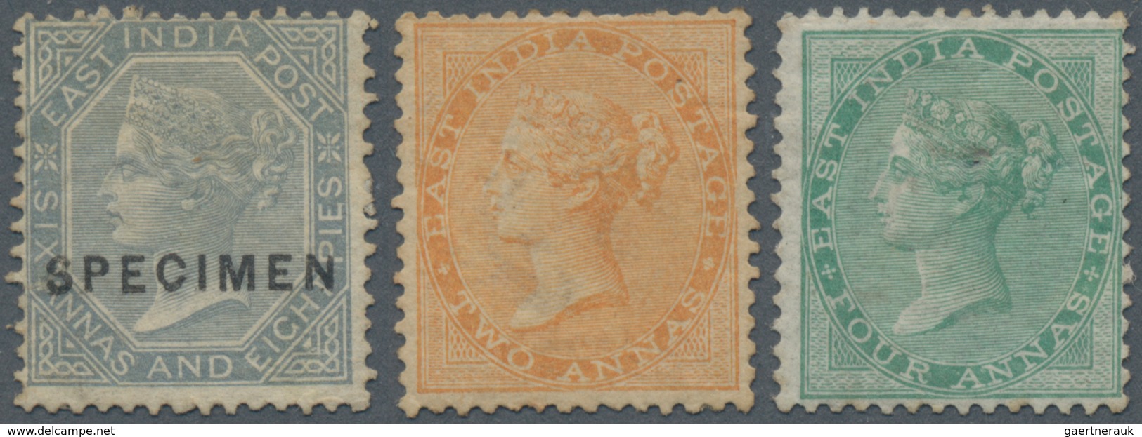 Indien: 1865-66 Three Unused Stamps, With 1865 2a. Orange (mint With Part Gum, Two Short Perfs, Good - 1852 Sind Province