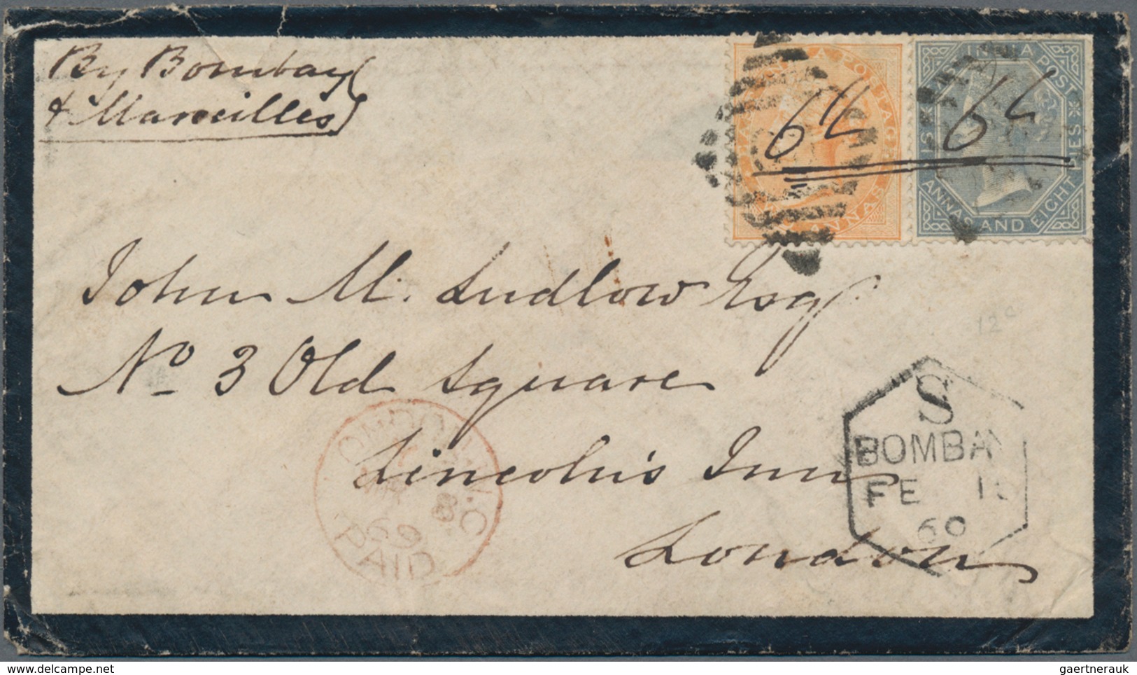 Indien: 1867 East India 6a.8p. Slate Used Along With 2a. Orange On Mourning Cover From Caicut Region - 1852 Provinz Von Sind