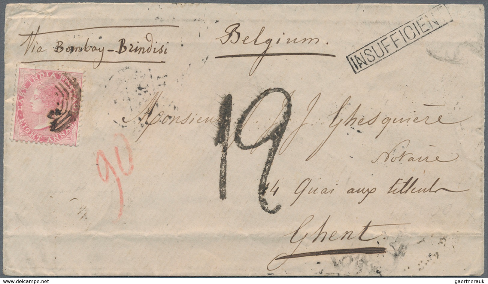 Indien: 1874 Destination BELGIUM: Insuffiently Franked Cover From Burrakur (Burdwan) To Gent, Belgiu - 1852 Provinz Von Sind