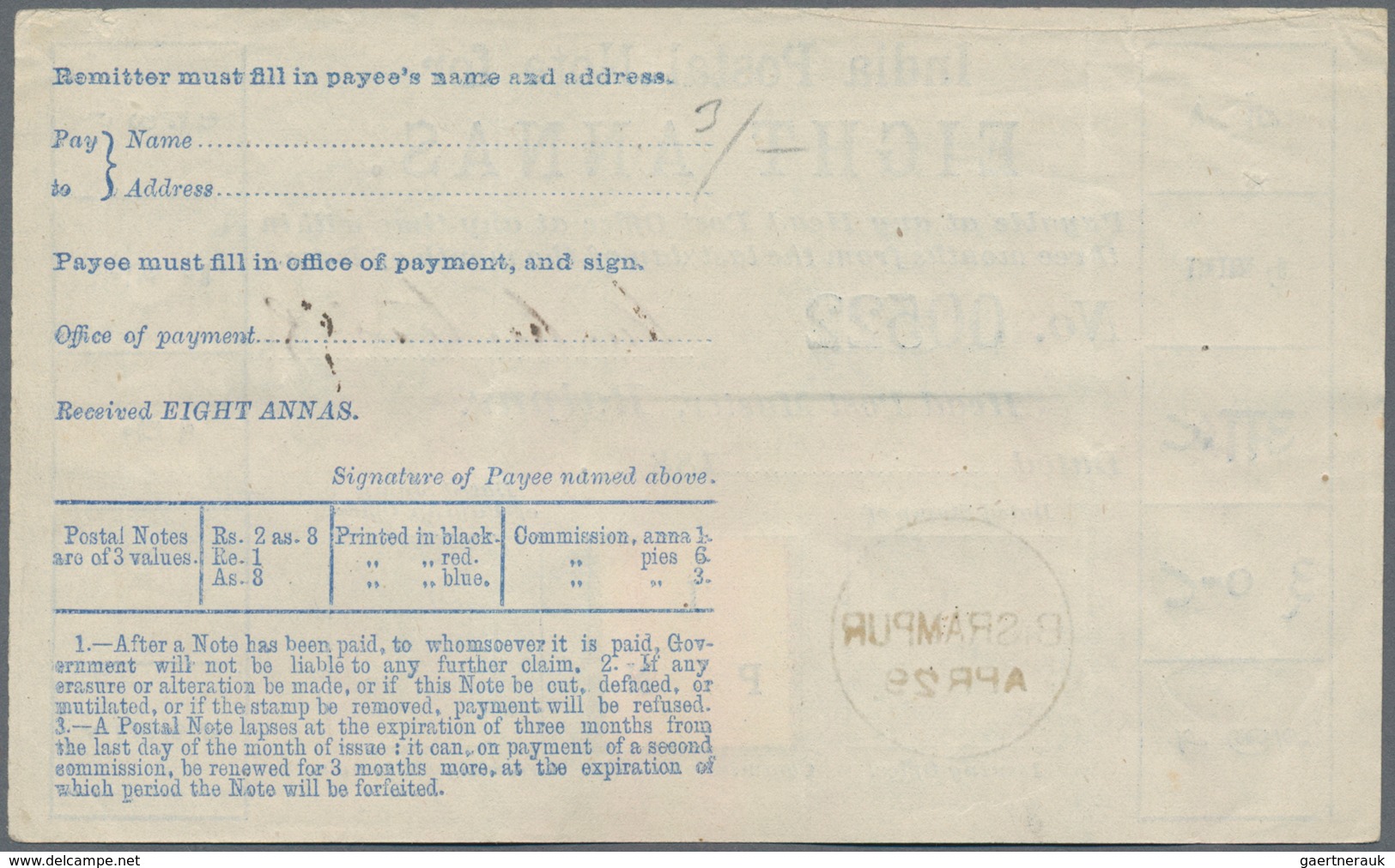 Indien: 1880's "India Postal Note For EIGHT ANNAS" Form For Head Post Master Of RAIPUR, Bearing Resp - 1852 Sind Province