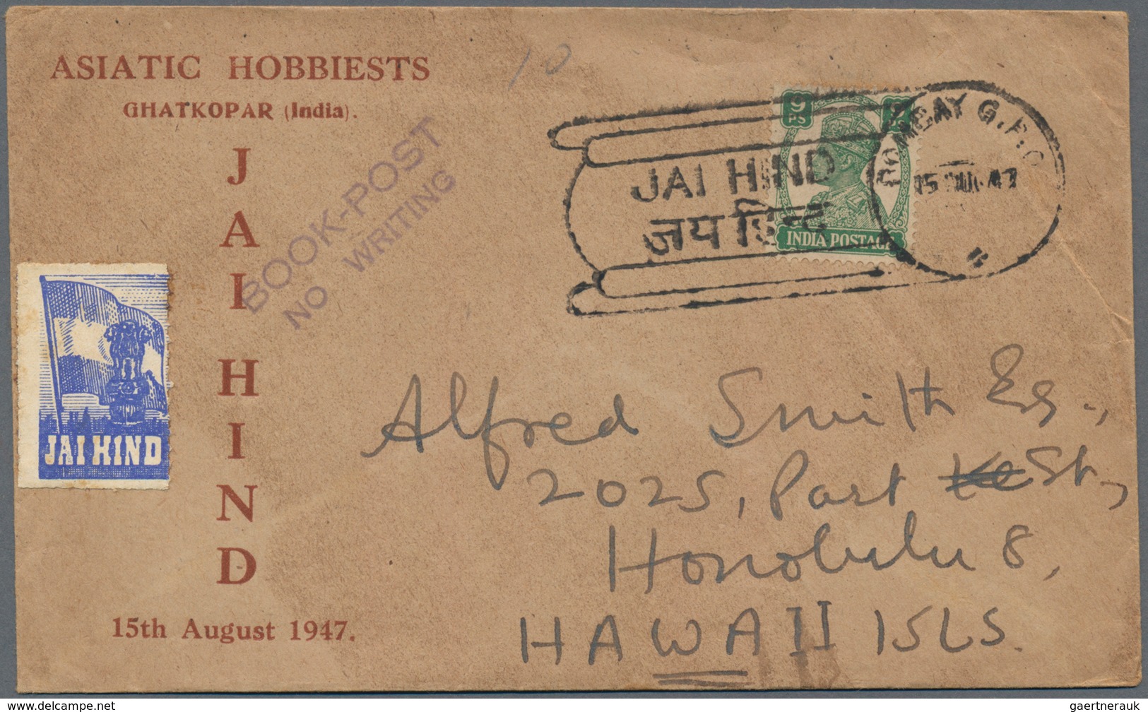 Indien: 1911/1947: Three covers and a wrapper bearing SPECIAL CANCELLATIONS, with two different date