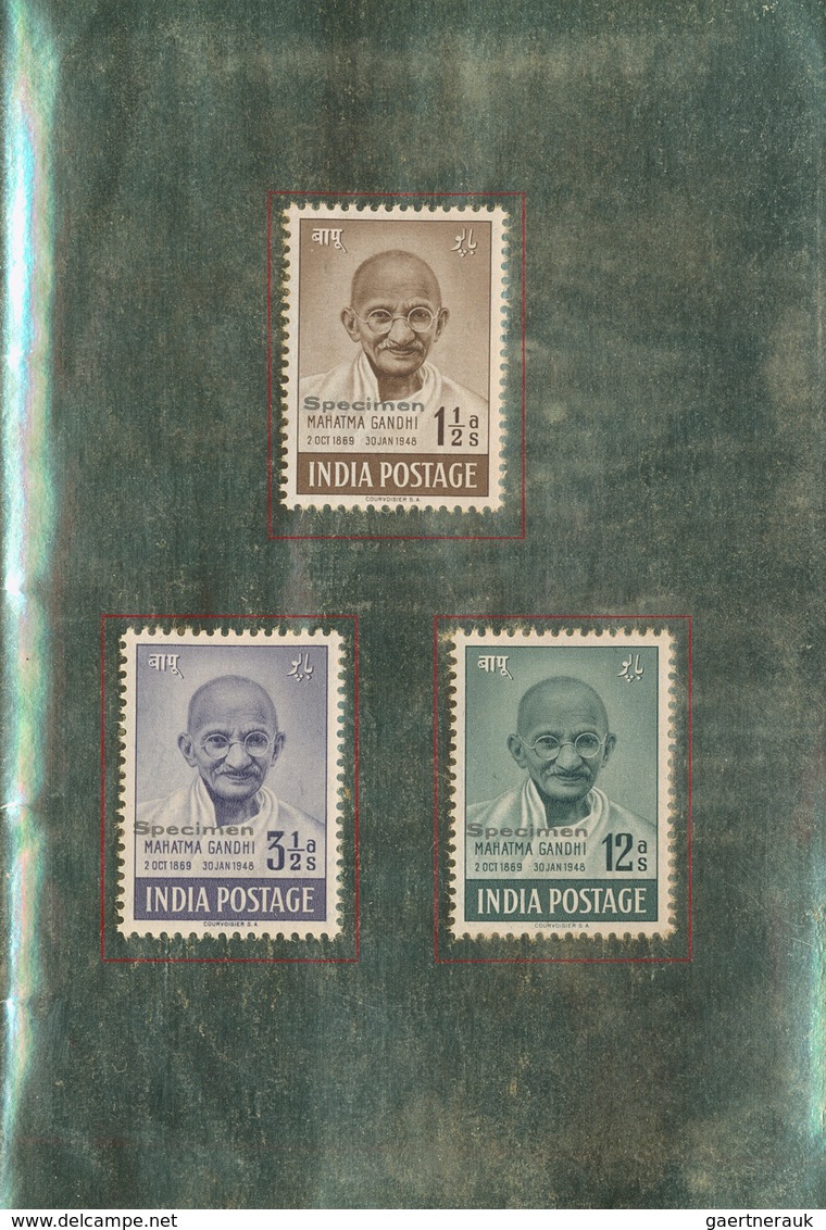 Indien: 1948 GANDHI Complete Set Of Four, Overprinted "SPECIMEN", Adhered To Gold Leaves Of Black Ve - 1852 Provinz Von Sind