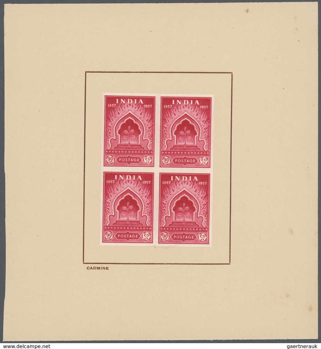 Indien: 1957 Mutiny Centenary 90n.p., Imperforated Colour Trials On Watermarked Paper, Four Blocks O - 1852 Sind Province