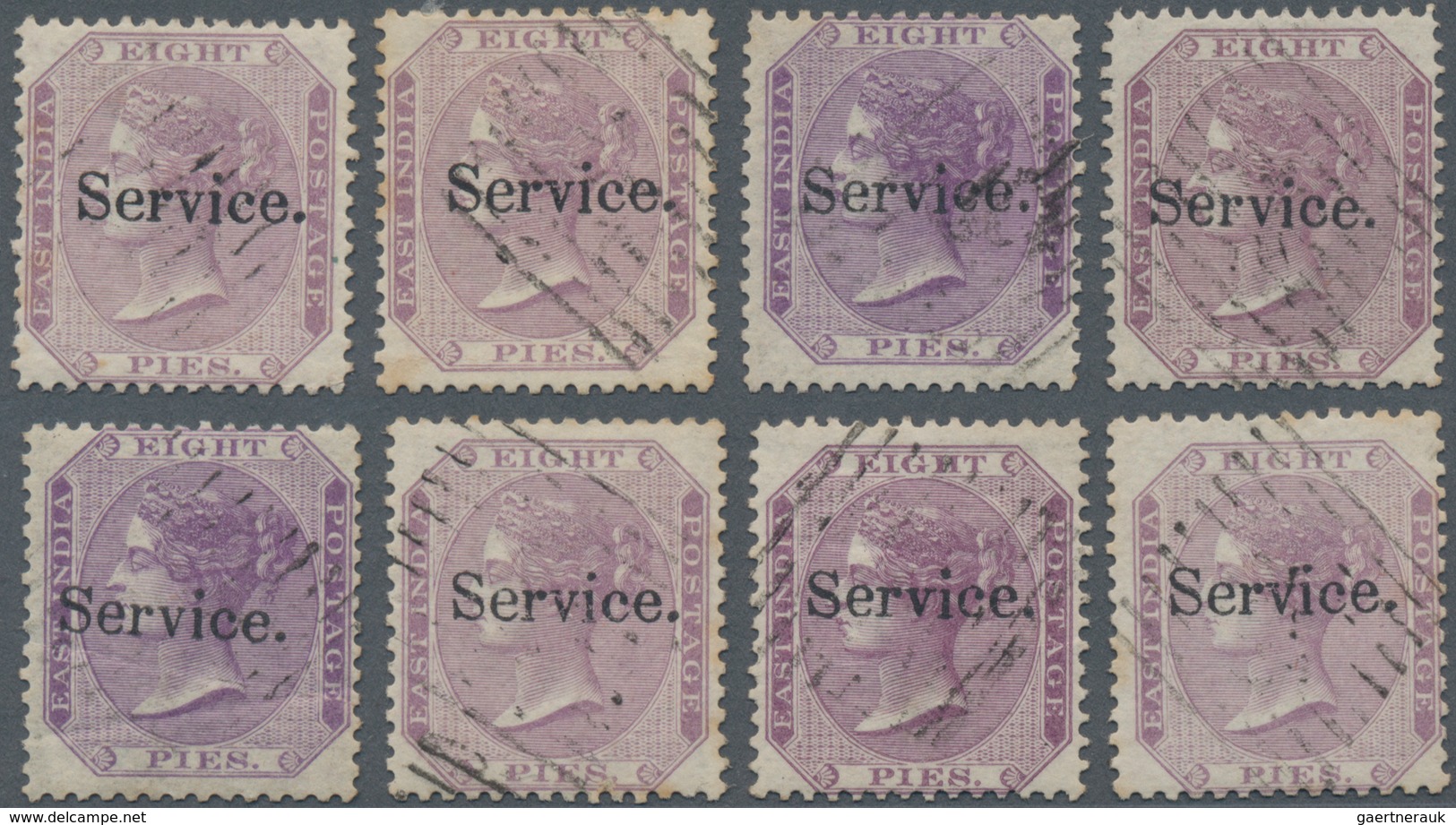 Indien - Dienstmarken: 1866 Eight Singles Of QV 8p. Optd. Small "Service.", With Various Colour Shad - Official Stamps