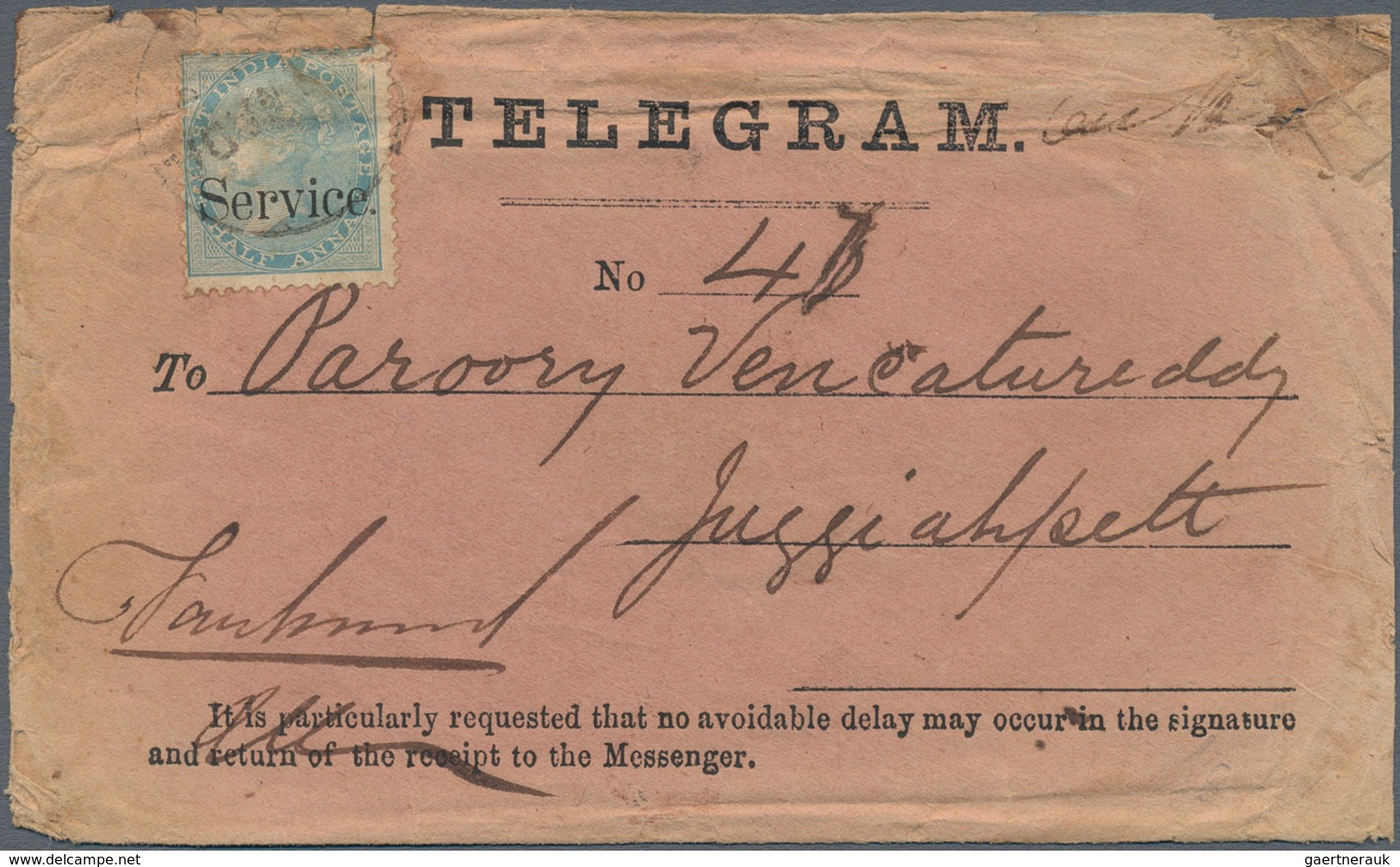 Indien - Dienstmarken: 1868, ½ Anna Bluegreen With Surcharge "Service" For Official Mail As Single F - Dienstmarken