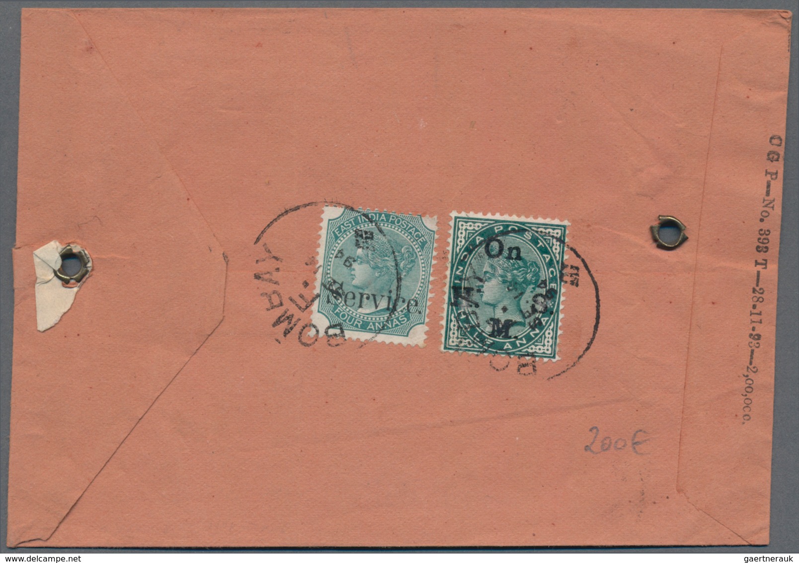 Indien - Dienstmarken: 1894, Official Telegram (endorsed 'O.H.M.S.' In M/s) Used REGISTERED From Bom - Official Stamps