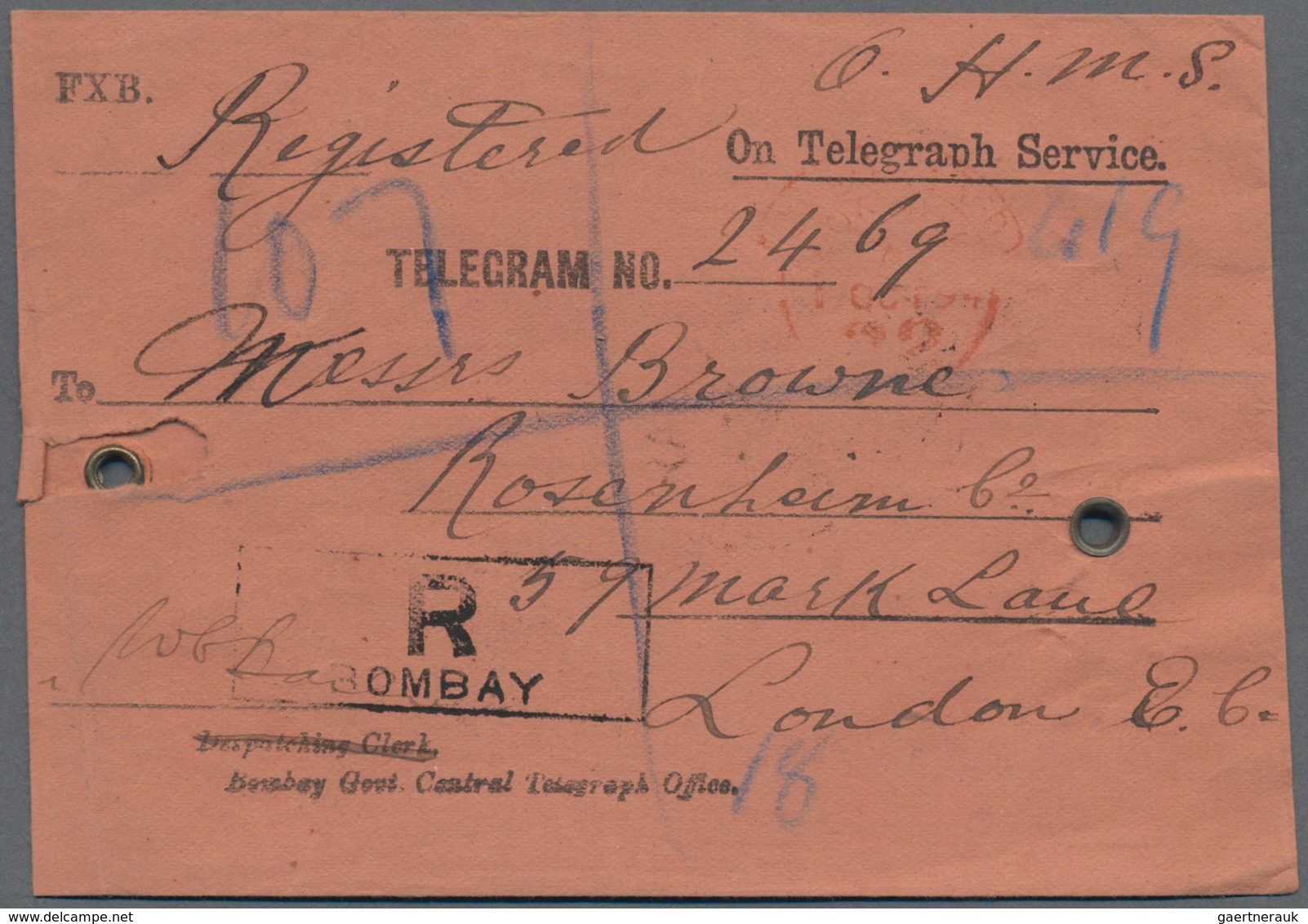 Indien - Dienstmarken: 1894, Official Telegram (endorsed 'O.H.M.S.' In M/s) Used REGISTERED From Bom - Official Stamps