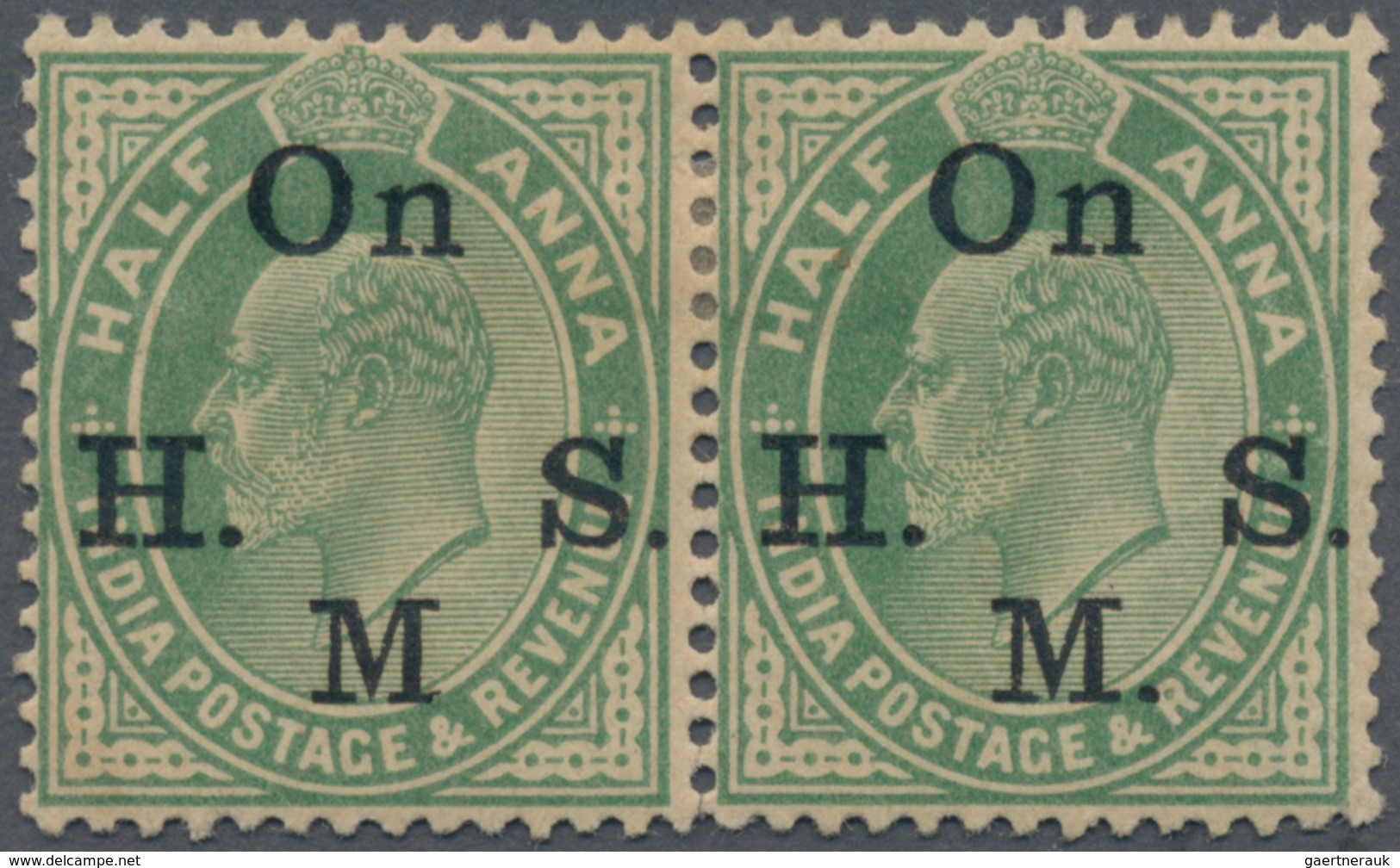 Indien - Dienstmarken: 1906 KEVII. ½a. Green Horizontal Pair, Optd. "On H.M.S.", Left-hand Stamp Sho - Dienstmarken