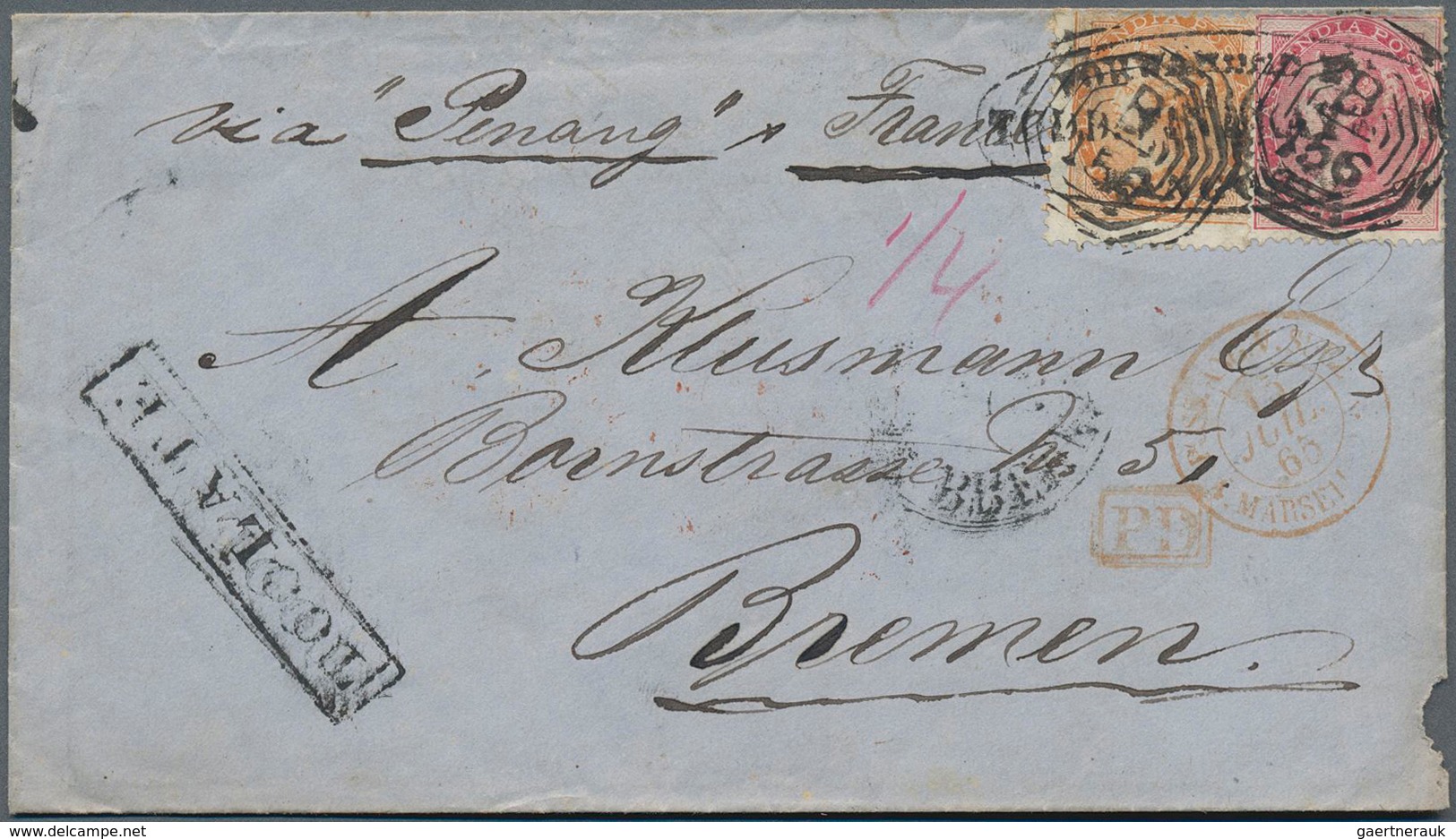 Indien - Used Abroad - Burma: BURMA 1865: Forwarded Cover (small Faults) From RANGOON To Bremen, Ger - Other & Unclassified