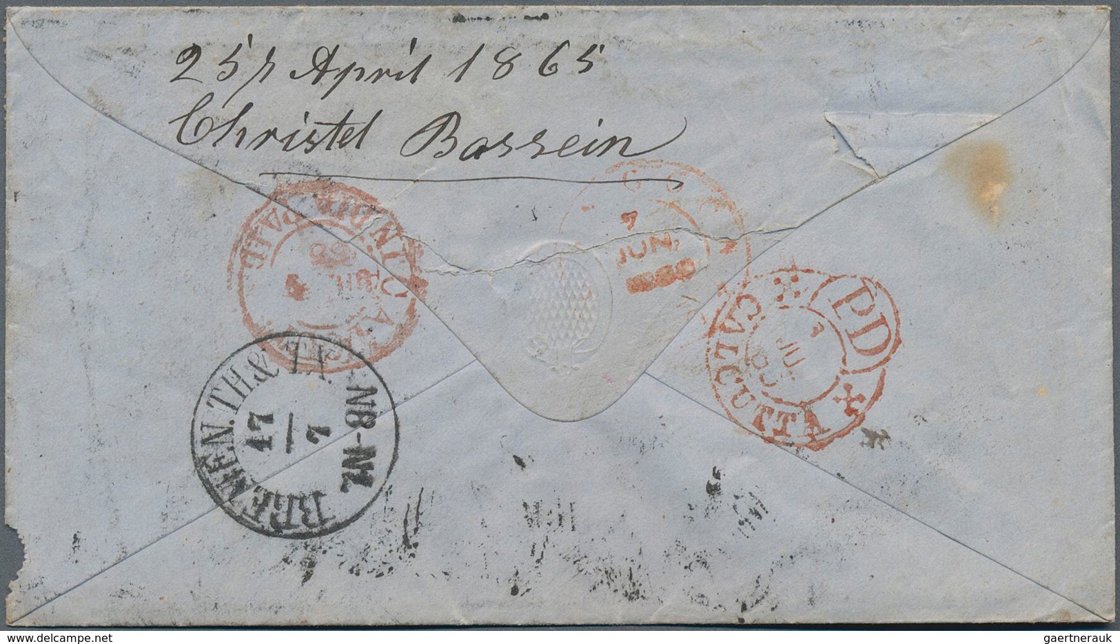 Indien - Used Abroad - Burma: BURMA 1865: Forwarded Cover (small Faults) From RANGOON To Bremen, Ger - Sonstige & Ohne Zuordnung