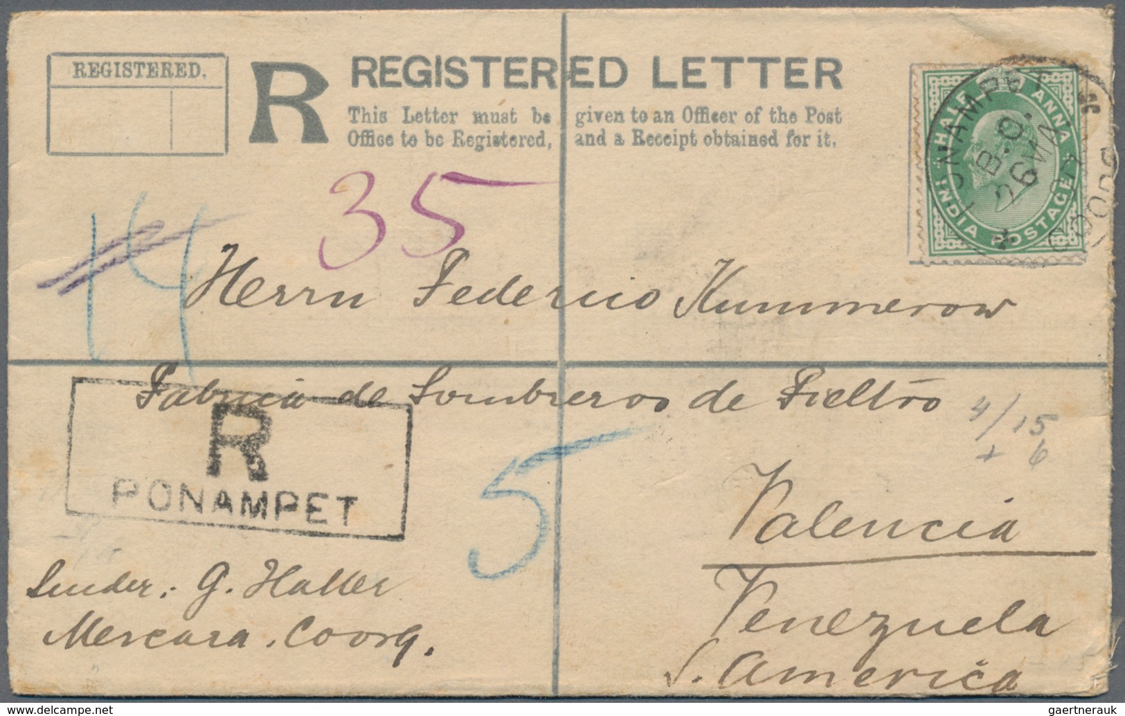 Indien - Ganzsachen: 1907 Destination VENEZUELA: Postal Stationery Registered Envelope KEVII. 2a. Us - Unclassified