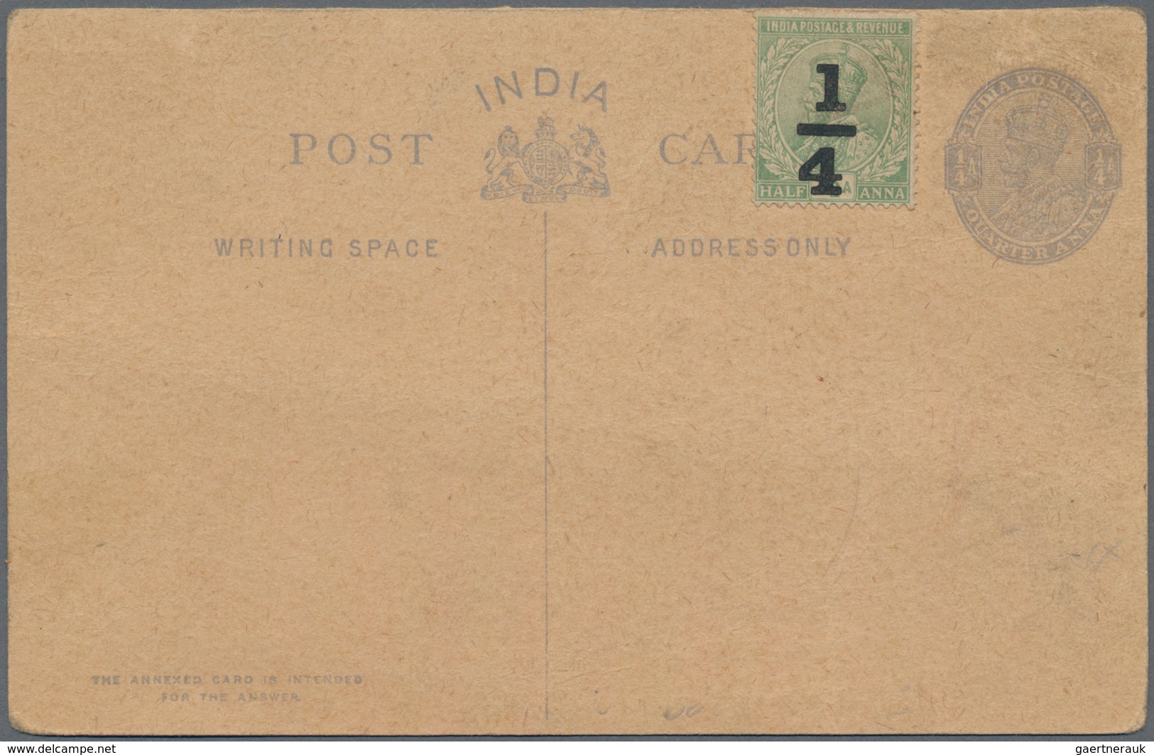 Indien - Ganzsachen: 1912 Postal Stationery Double Card KGV. ¼+¼a. Bluish Grey PRINTED ON FRONT (sen - Unclassified