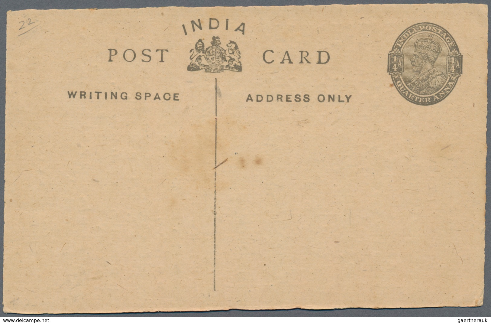 Indien - Ganzsachen: 1918 Postal Stationery Card ¼a. Grey, Similar To 1914 Issue But INDIA Less Curv - Ohne Zuordnung