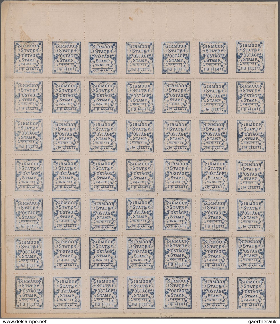 Indien - Feudalstaaten - Sirmoor: 1880/1892: Two Sheets Showing Varieties, I.e. 1880 1p. Blue On Lai - Sonstige & Ohne Zuordnung