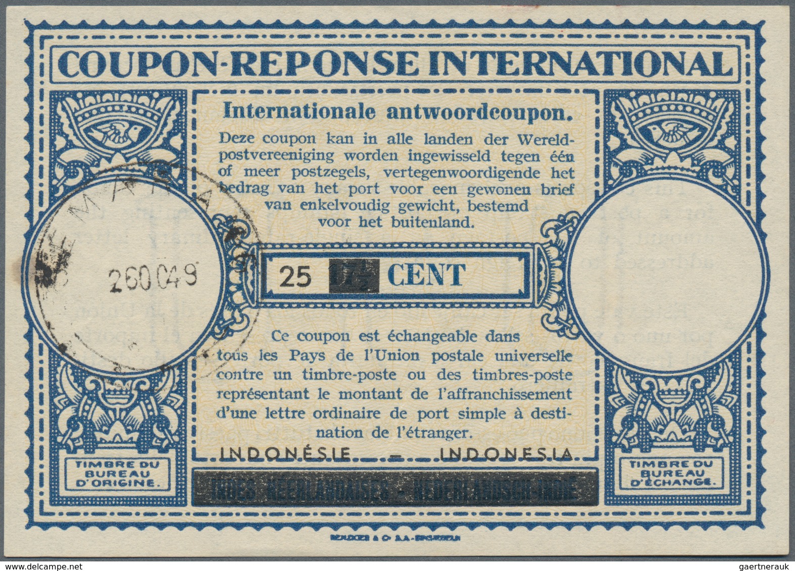 Indonesien: 1949, International Reply Coupon IRC, Surcharged 25 CENT On Old DEI Form Canc. "SEMARANG - Indonesien
