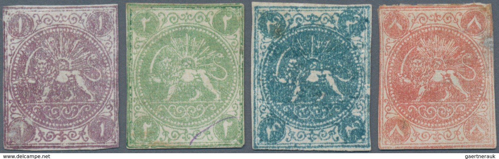 Iran: 1868, Lions First Issue Bagheri Complete Mint Set Of Four Stamps, Minor Faults And Thins, A Sc - Iran