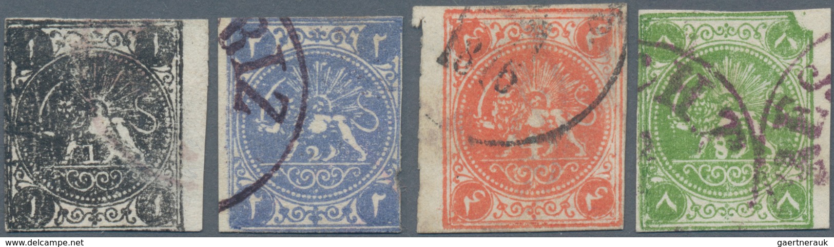 Iran: 1875, Lions Issue Complete Used Rouletted Set Of Four Stamps Clear Cancelled, Minor Faults And - Iran