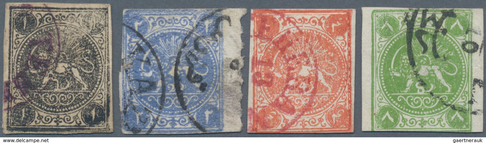 Iran: 1875, Lions Issue Complete Used Rouletted Set Of Four Stamps Clear Cancelled, Minor Faults And - Iran