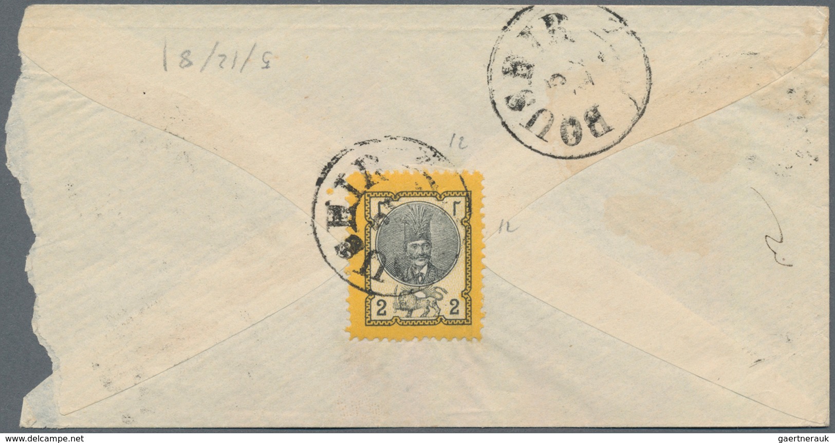 Iran: 1879, 2 Ch. Yellow Black Shah Nasr Od-Din Single Franking On Cover Tied By "BOUCHIR" Cds., Rou - Iran