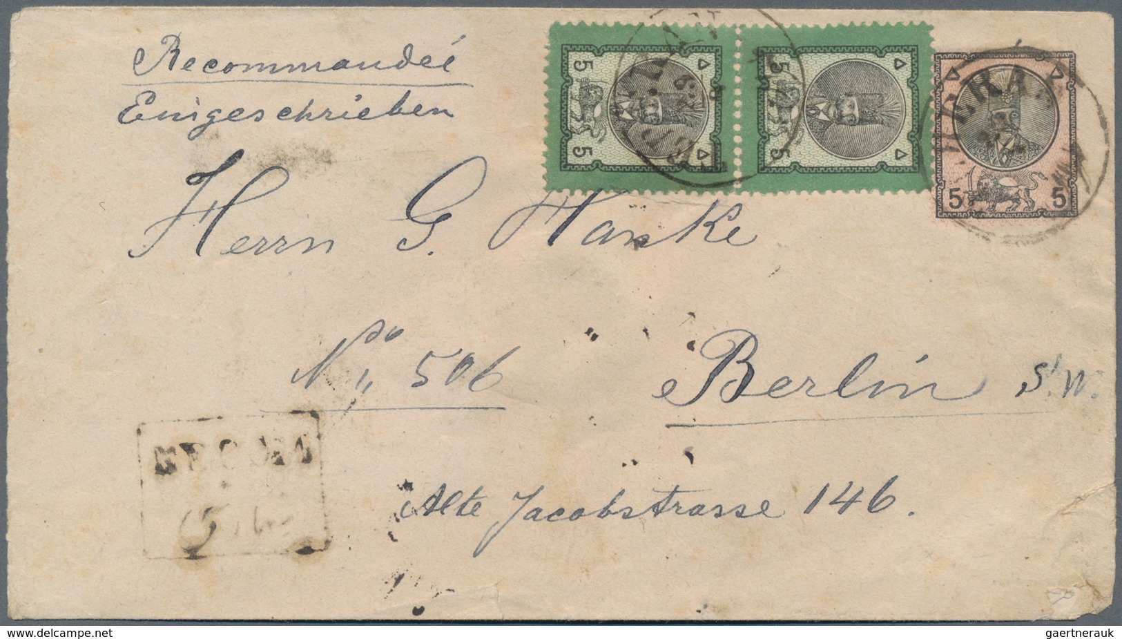 Iran: TEHERAN - RARE REGISTERED UPRATED 5ch POSTAL STATIONERY ENVELOPE TO OVERSEAS: Attractive 29 Se - Iran