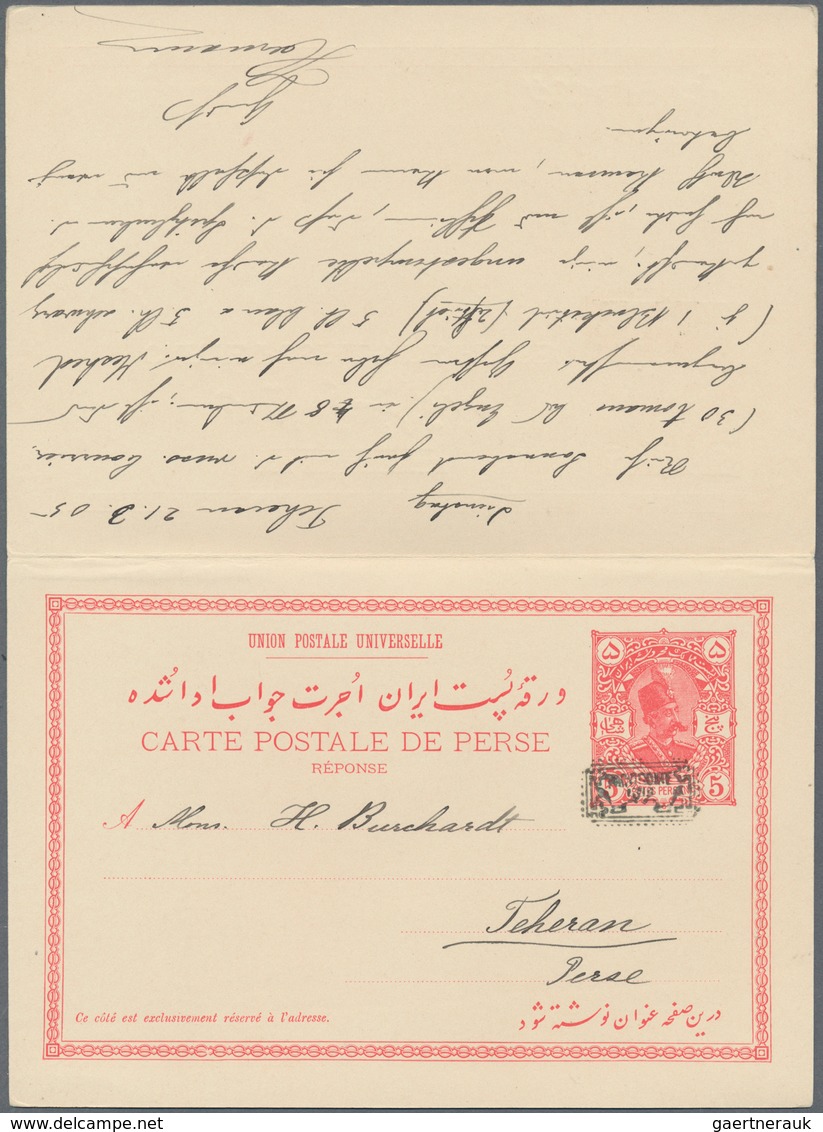 Iran: 1905 (21.3.), Reply Postcard 5ch.+5ch. 'Shah Muzzafar-ad-Din' With Boxed Opt. 'PROVISOIRE 1319 - Iran